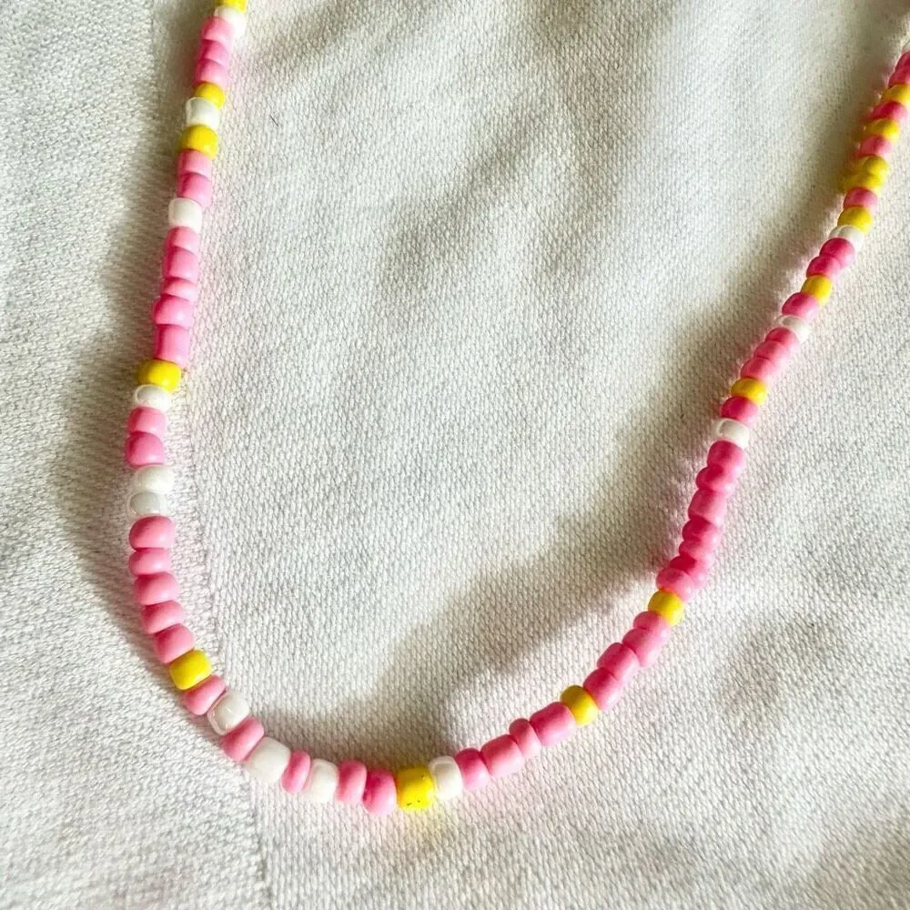 Pink, yellow, and white beach style bead necklace